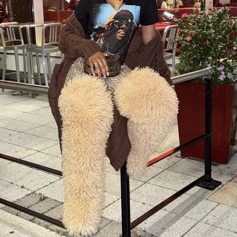 YFJNV Black Thigh High Fur Boots, Over the Knee Fluffy High Boots, Tall Furry shoes for Women (Light Khaki,6)