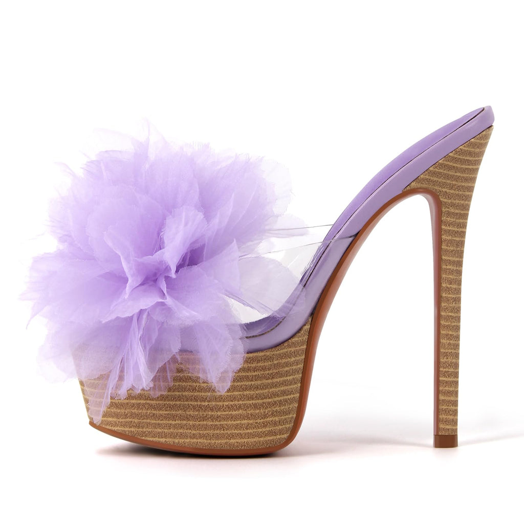 Rhineshell Women's Flower Stilettos High Heels Platform Slides Sandal Round Open Toe Slip On Slim Heeled Sandal Clear Upper Party Prom Shoes Purple Size 11