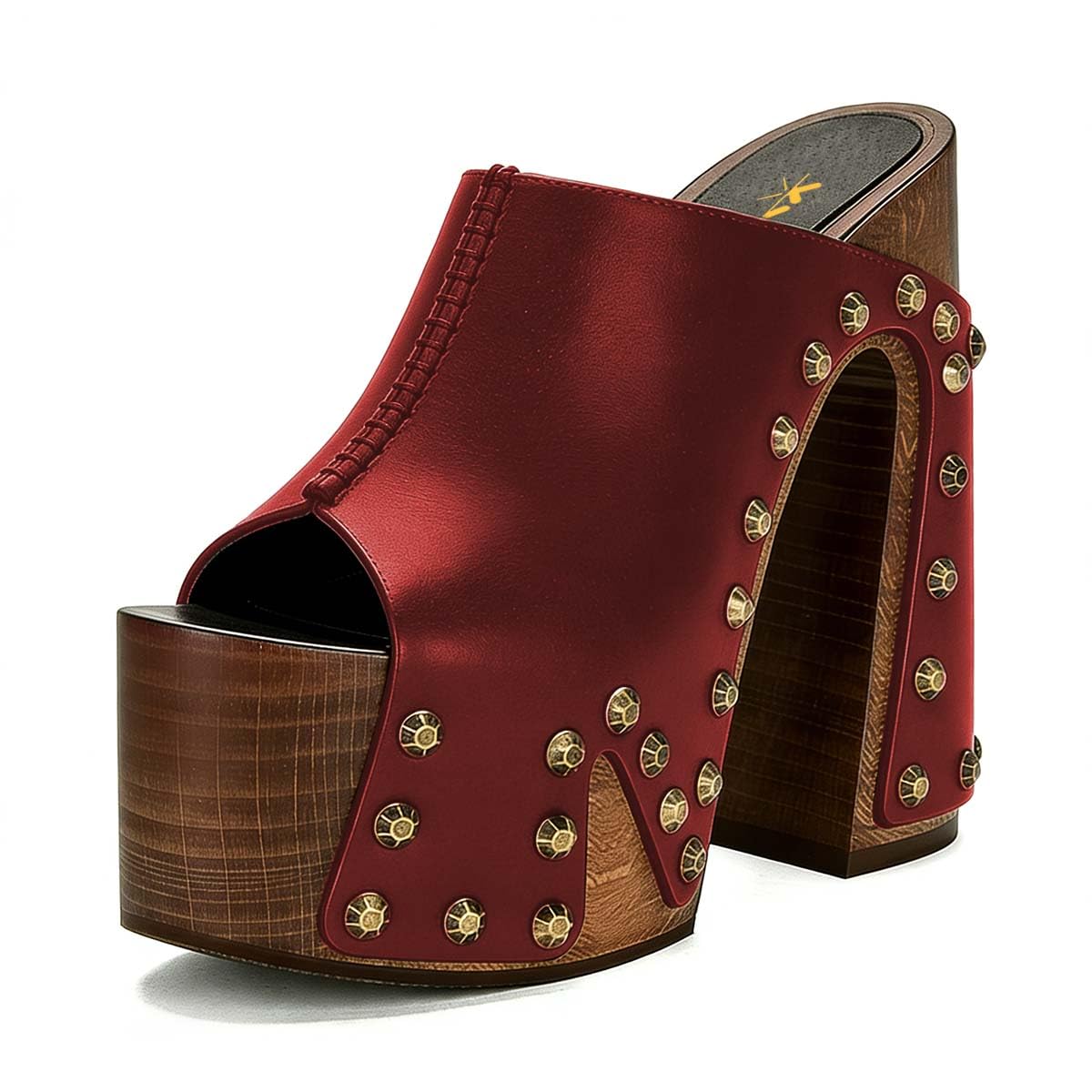 XYD Women Wooden Chunky Heel Mules Platform Bronzed Studs Open Toe Block Sandals Vintage Parties Shoes (Size 7.5, Red)