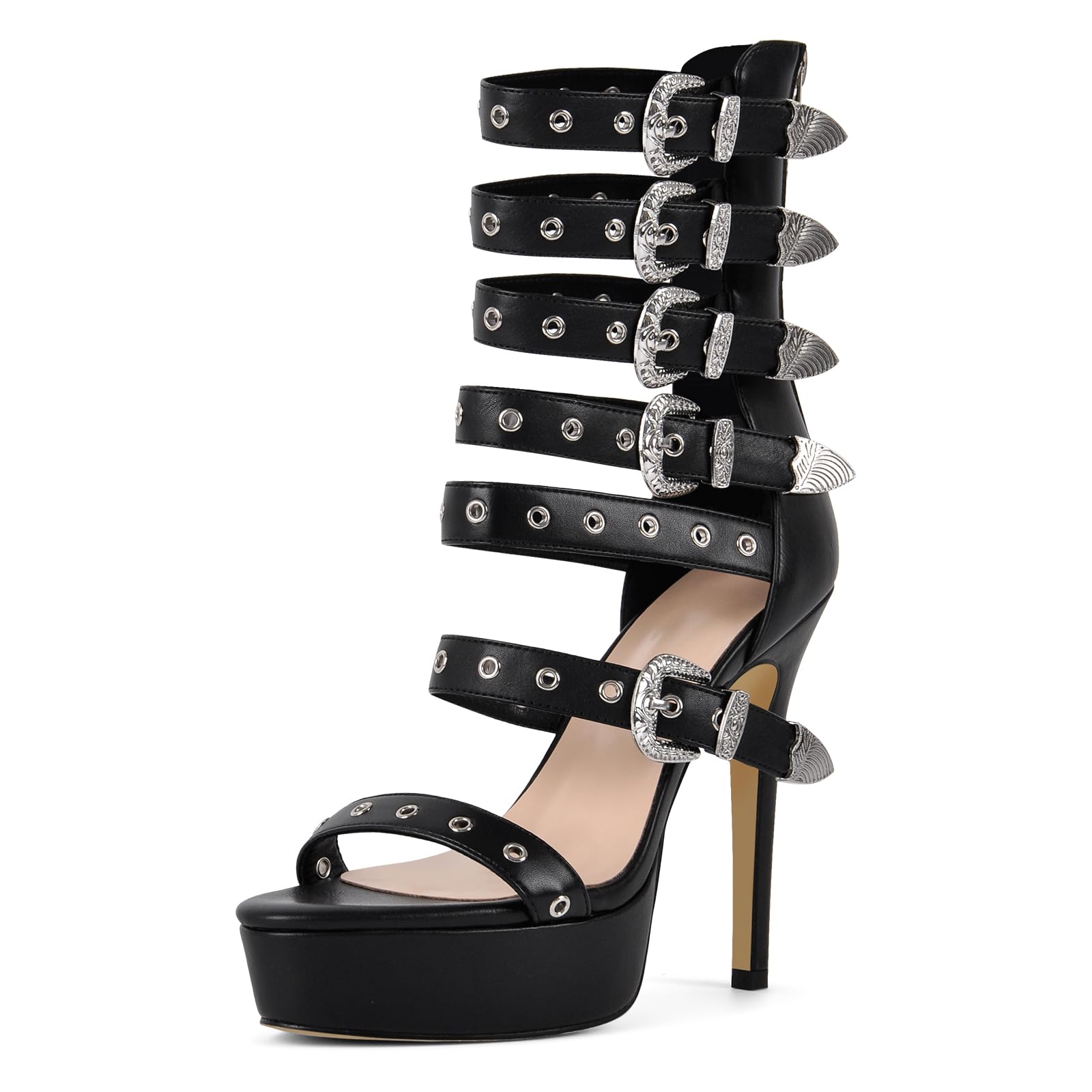 Rhineshell Women's Round Open Toe Platform High Heels Adjustable Buckles Back Zipper Stilettos Heeled Sandals Faux Leather Party Dress Shoes Black