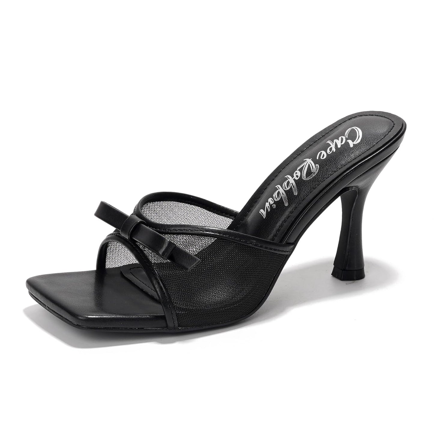 Cape Robbin Women's Slip On Square Toe Mid Heels with Bow Detail and Breathable Mesh Upper - Comfortable Low Heel Sandals for Women Dressy (Manon) Black