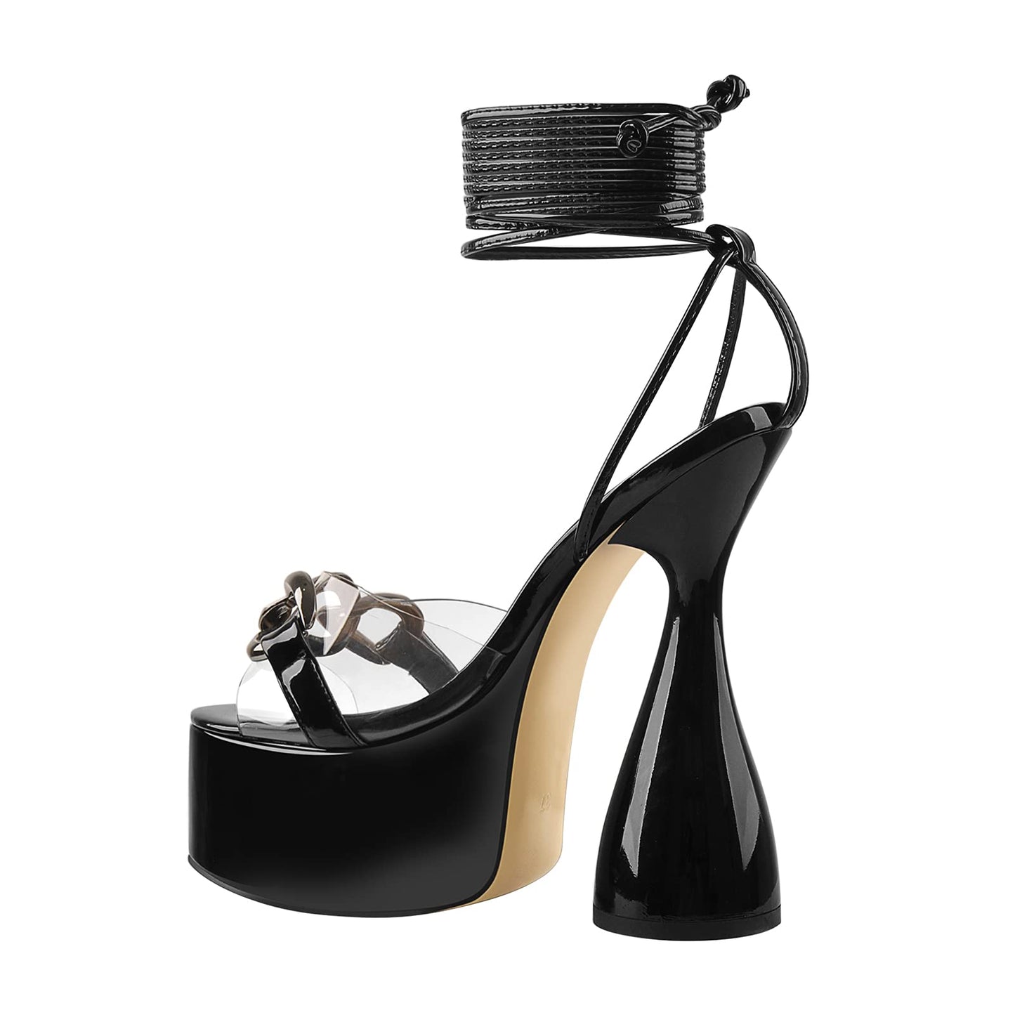LISHAN Women's Clear Gladiator Heeled Sandals Round Toe Lace Up Chunky High Heels Platform Sandals PVC Chain Ankle Wrap Block Heels Transparent Faux Patent Leather Nightclub Party Shoes Black Size 14