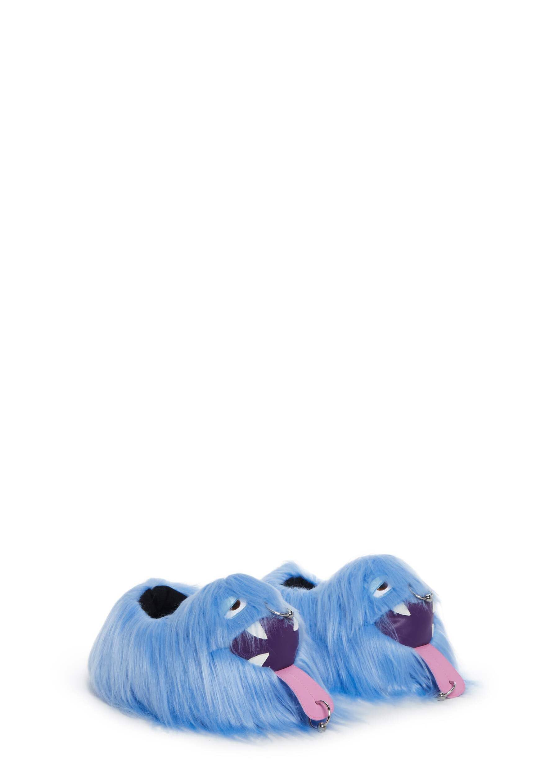Dolls Kill Case Of The Grumpies Fuzzy Slippers by Trickz N’ Treatz – Kooky Monster Faux Fur Slip-Ons with Eyes & Piercing, Small