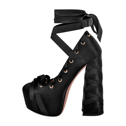 onlymakerheels Bow Lolita Platform Ankle Strap Lace-up Chunky Heel Ribbon Pumps Black A Size9