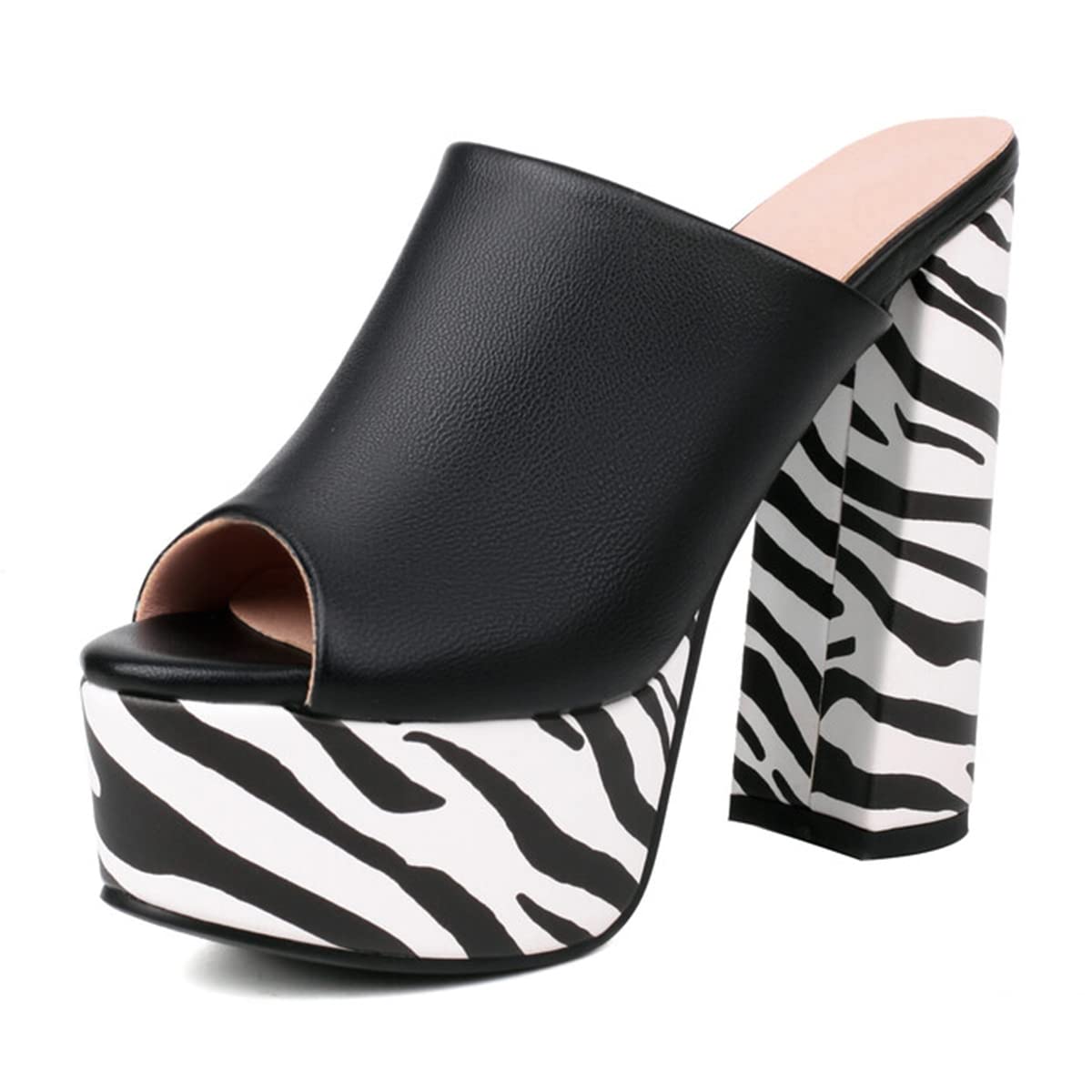 CoceMoce Gorgeous Thick Chunky Heel Slide Sandals for Women Black Zebra Peep Toe Platform Slip-on Backless High Heeled Mules Dressy Shoes Club Party Events Prom