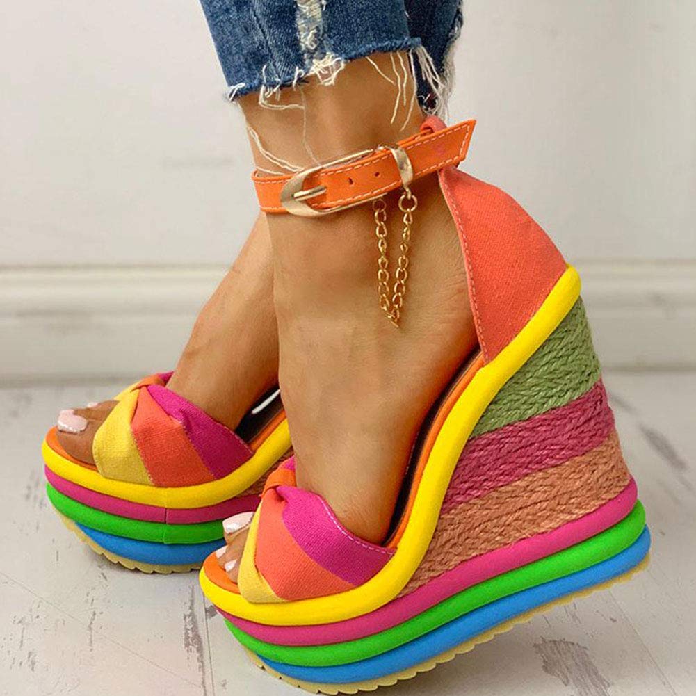 SaraIris Sandals for Women Gladiator Ankle Strap High Heel Platform Shoes Wedge Rainbow Sandals for Women Orange