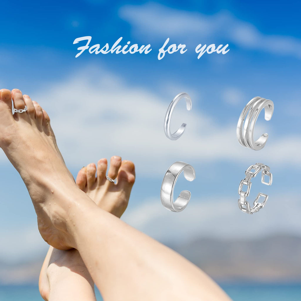 PWUEITR 4Pcs/1Set Adjustable Gold Silver Toe Rings for Women Knuckle Tail Ring Simple Summer Beach Open Toe Rings Set Foot Jewelry,silver