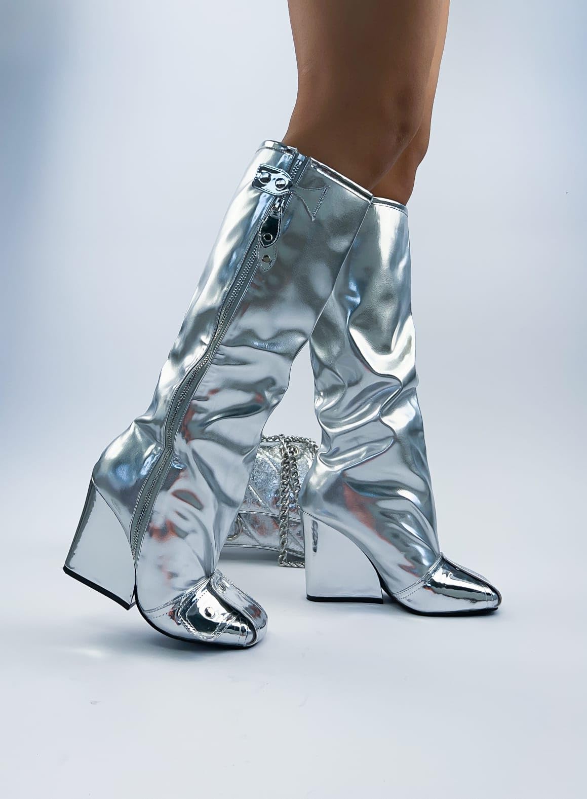 LEMONADE Women's Buckle Detail Square Toe Wedge Heel Knee High Long Boot﻿ Senna Silver 7.5