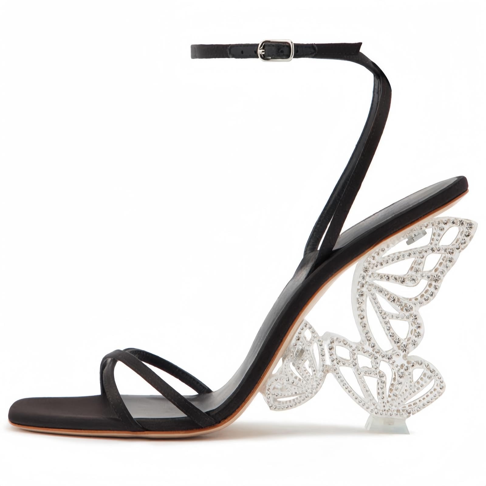 Longwenxuan Glitter Rhinestone Furry Lace Up Butterfly Stilletos Heels Sandals for Women,Women's Open Pointed High Heels Strappy Sandals Adjustable Ankle Strap Buckles Elegant Wedding Sandals Dress