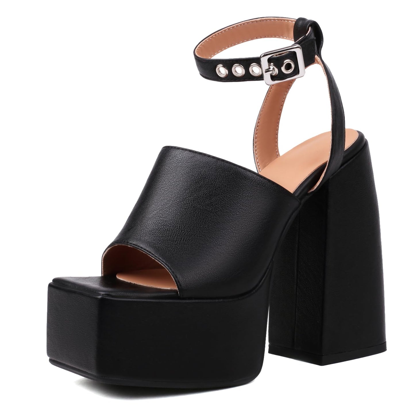 Lizoleor Ladies Fashion Peep Toe Chunky Heel Sandals Ankle Strap Summer Platform Party Shoes High Heels Gothic Dress Black Size 9 US/41