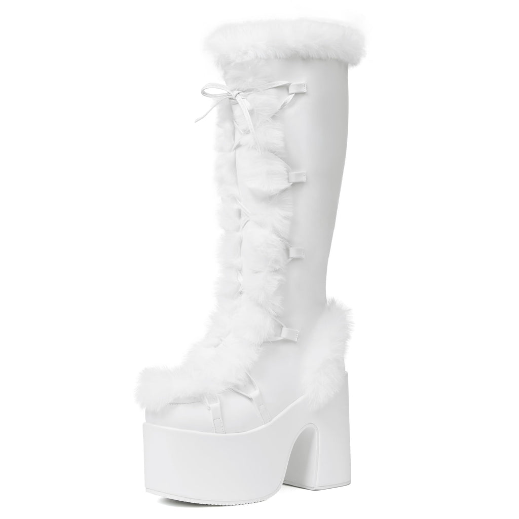 Accloris White Platform Knee High Boots For Womens Warm Faux Fur Lace Up Side Zipper Chunky Heel Punk Goth Winter Snow Mid Calf Boots
