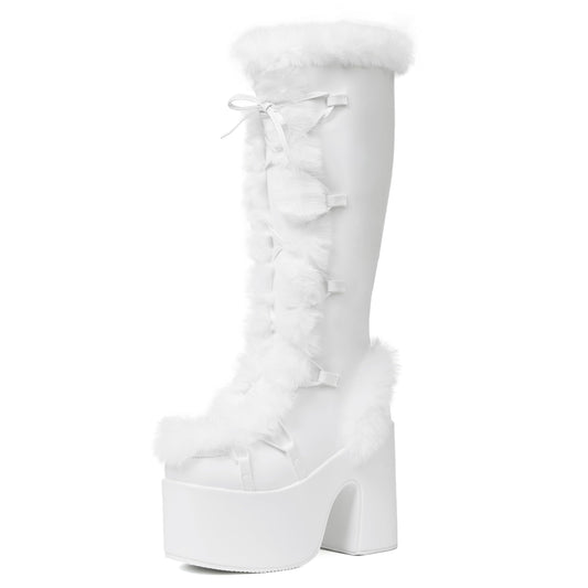 Accloris White Platform Knee High Boots For Womens Warm Faux Fur Lace Up Side Zipper Chunky Heel Punk Goth Winter Snow Mid Calf Boots Size8.5