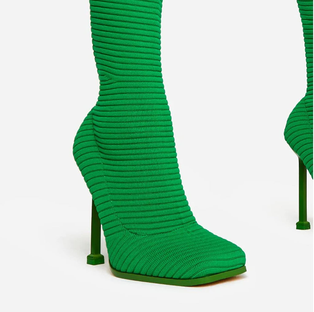 Lemonade Women's Over The Knee Heels Boots High Heel Stretch Knit Pointed To Thigh Long Boots -That Girl Green