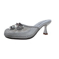 Tracieshoes Women's Mesh Mule Slip On Sandals With Floral Sequin Embellishments Round Toe Middle 2.5 Inch Heel Slides Slippers Silver