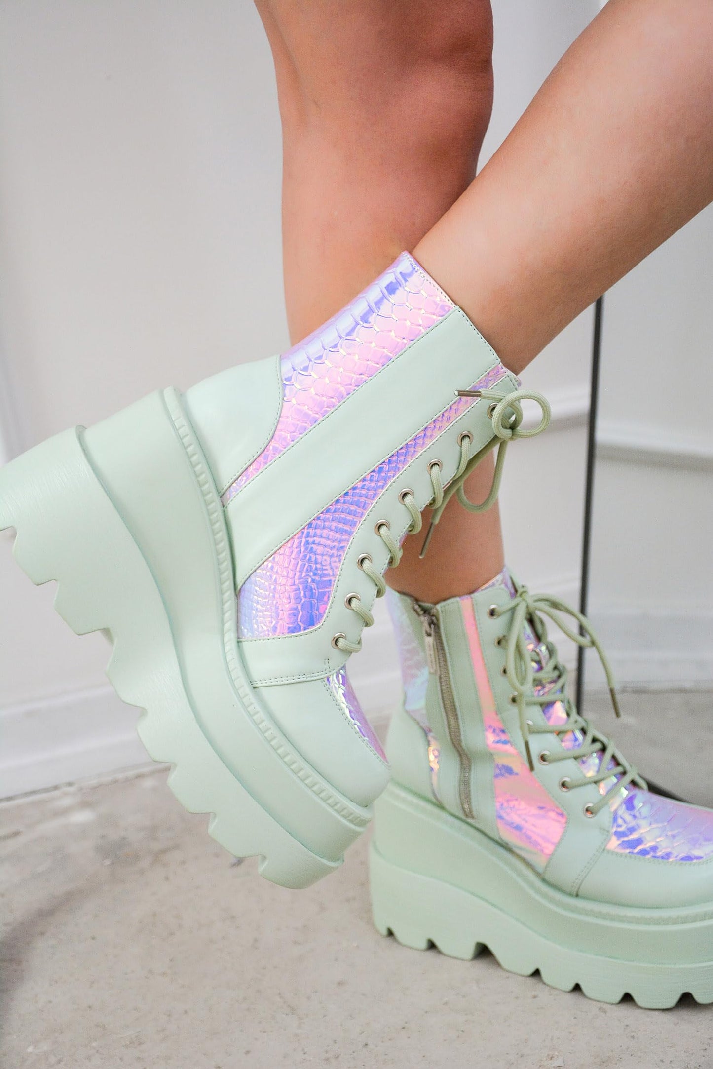 Holographic Platform Ankle Boots for Women Chunky Block Heels Pointed Toe PU Leather with Buckle Strap Retro Futuristic Style (Radio) - Sage Size 11