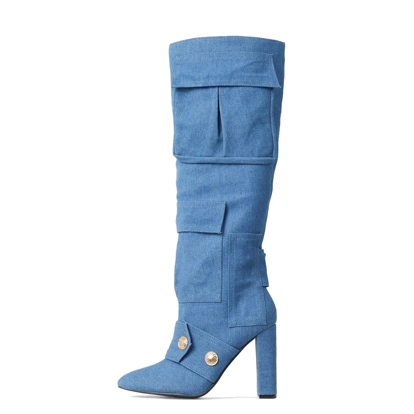 Arqa Women's Camo Knee High Boots Pointed Toe Block Heel Camouflage Boot with Metal Buttons Multiple Pockets Boot