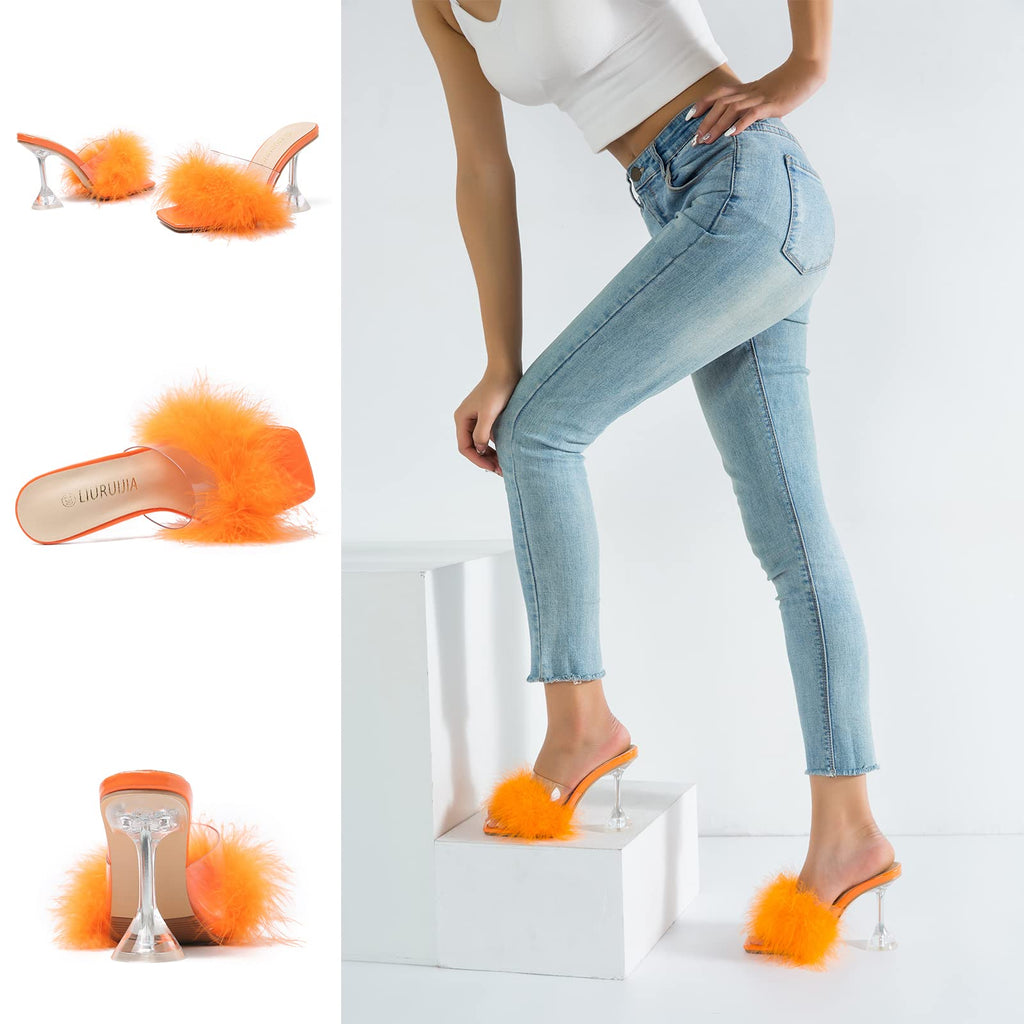 LIURUIJIA Women's Square Toe Feather Fluffy Fuzzy Heels High Heeled Dress Sandals Wedding Bridal Party Shoes Orange