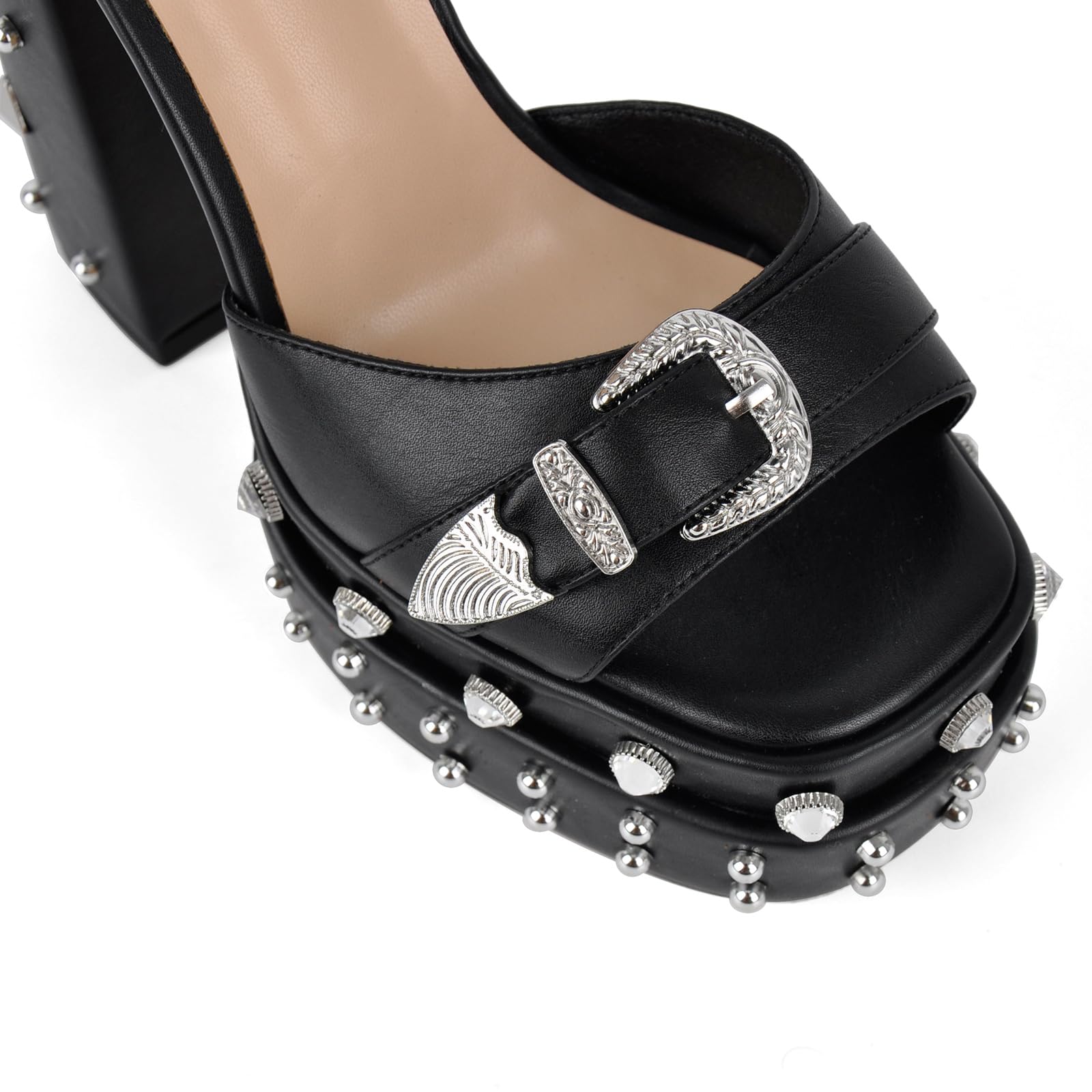 sexytag Women’s Platform High Heels Rivet Studded Western Buckle Ankle Strap Rhinestone Chunky Block Heel Open Toe Strappy Heels Sandals Gothic Punk Style Black Size 8
