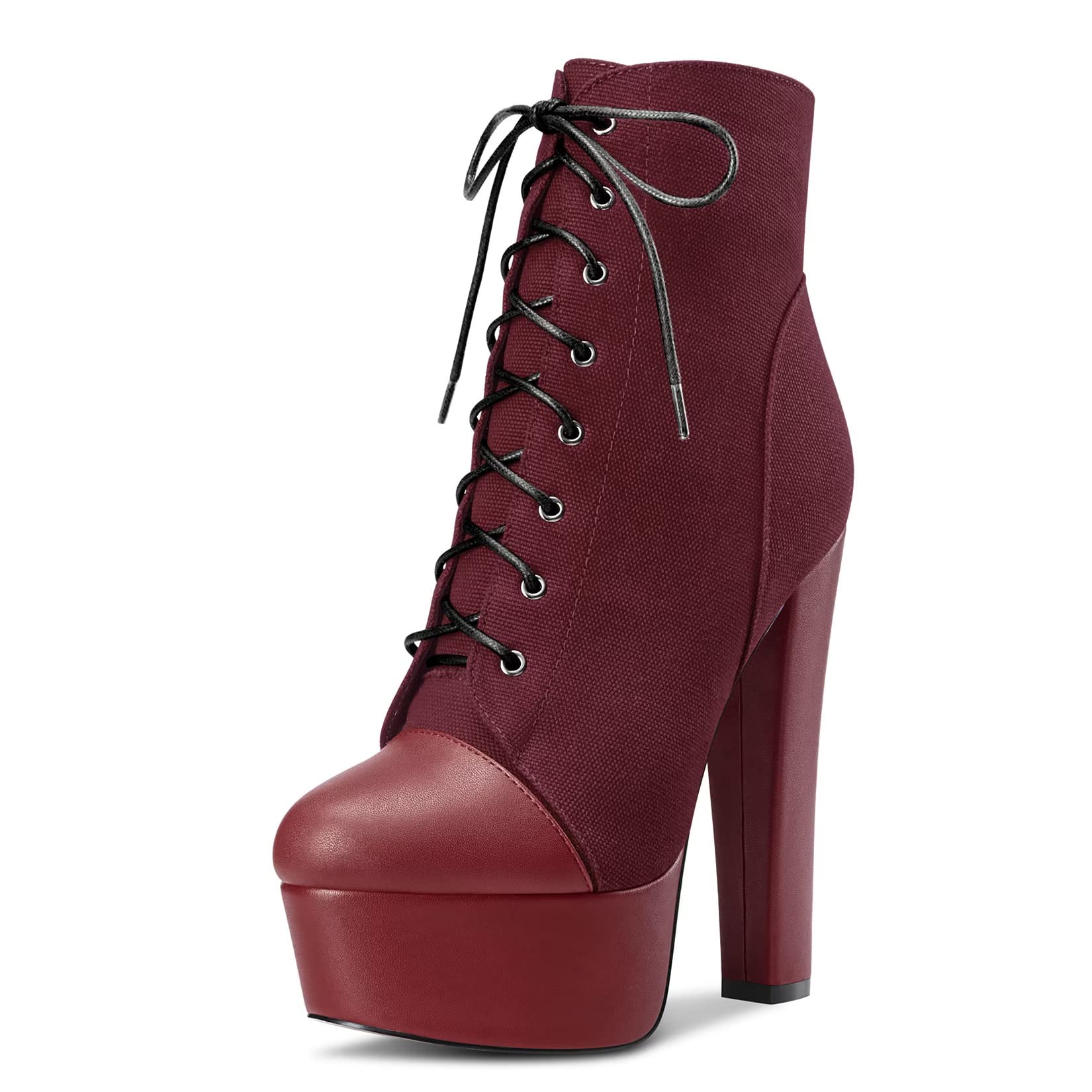 NobleOnly Women Chunky Block Platform High Heel Round Toe Lace-up Zipper Ankle Boots Short Bootie Classic Shoes Burgundy Wine Red