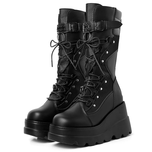 Black mikarka Womens Holographic Platform Mid Calf Wedge Combat Boots