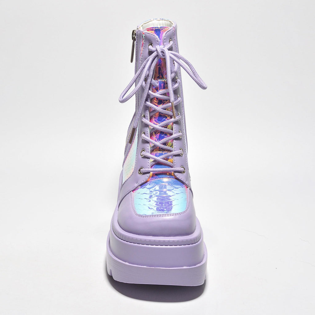 Cape Robbin Holographic Platform Ankle Boots for Women Chunky Block Heels Pointed Toe PU Leather with Buckle Strap Retro Futuristic Style (Radio) - Lilac Size 10