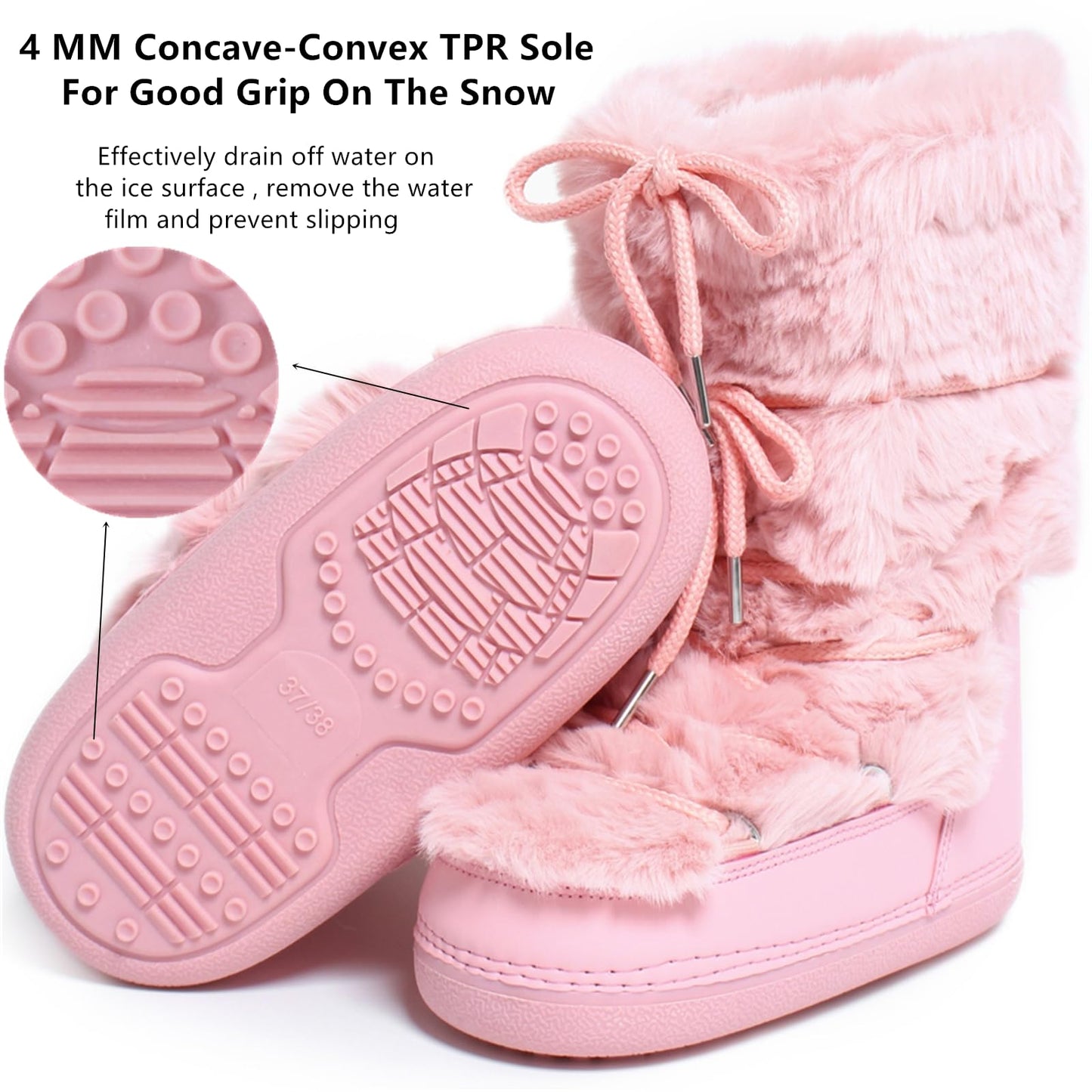 ZHENAIYISHENG Faux Fur Boots for Women - Fuzzy Fluffy Furry Water Resistant Snow Boots for Women - Anti-Slip with Cotton Sponge Lined and TPR Rubber Sole Black White Fur Boots pink