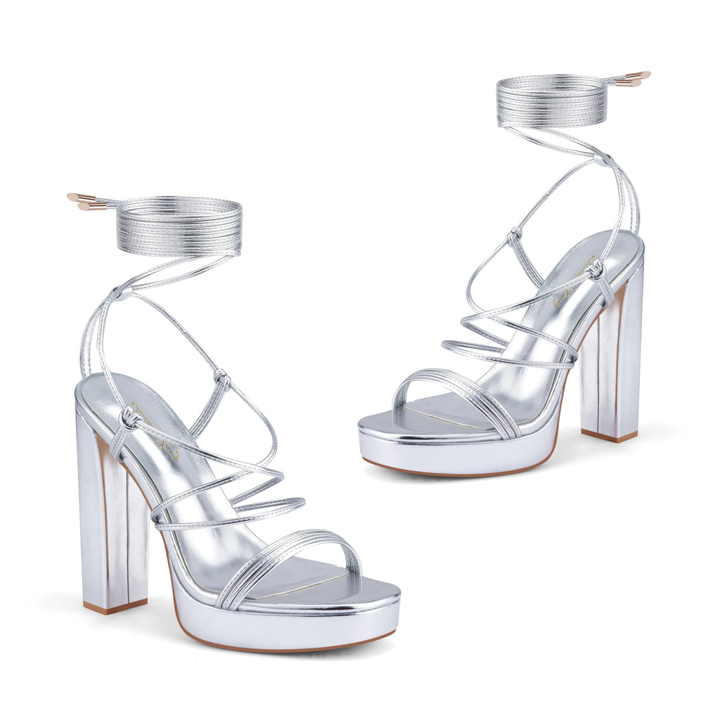 Elisabet Tang Women's Strappy Heeled Sandals, 5 inch Platform Heels Sandals Chunky Lace up High Heels Open Toe Party Heels Shoes Silver