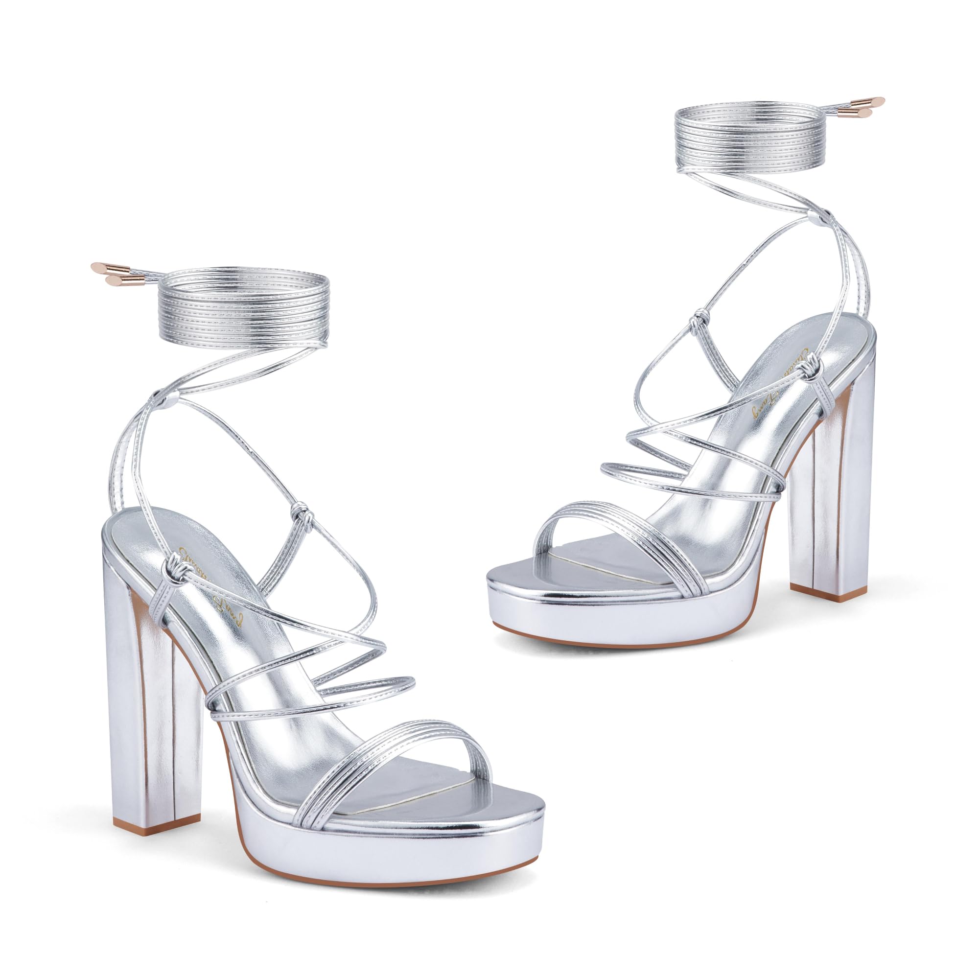 Elisabet Tang Women's Strappy Heeled Sandals, 5 inch Platform Heels Sandals Chunky Lace up High Heels Open Toe Party Heels Shoes Silver