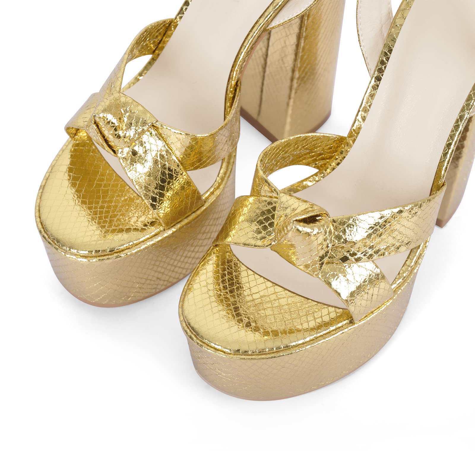 Onlymaker Platform Heels for Women Sexy Ankle Strap Chunky High Heeled Sandals Sparkly Metallic Gold 5 inch High Block Heel Platform Chunky Heels for Wedding Party Prom Dressy Size 8