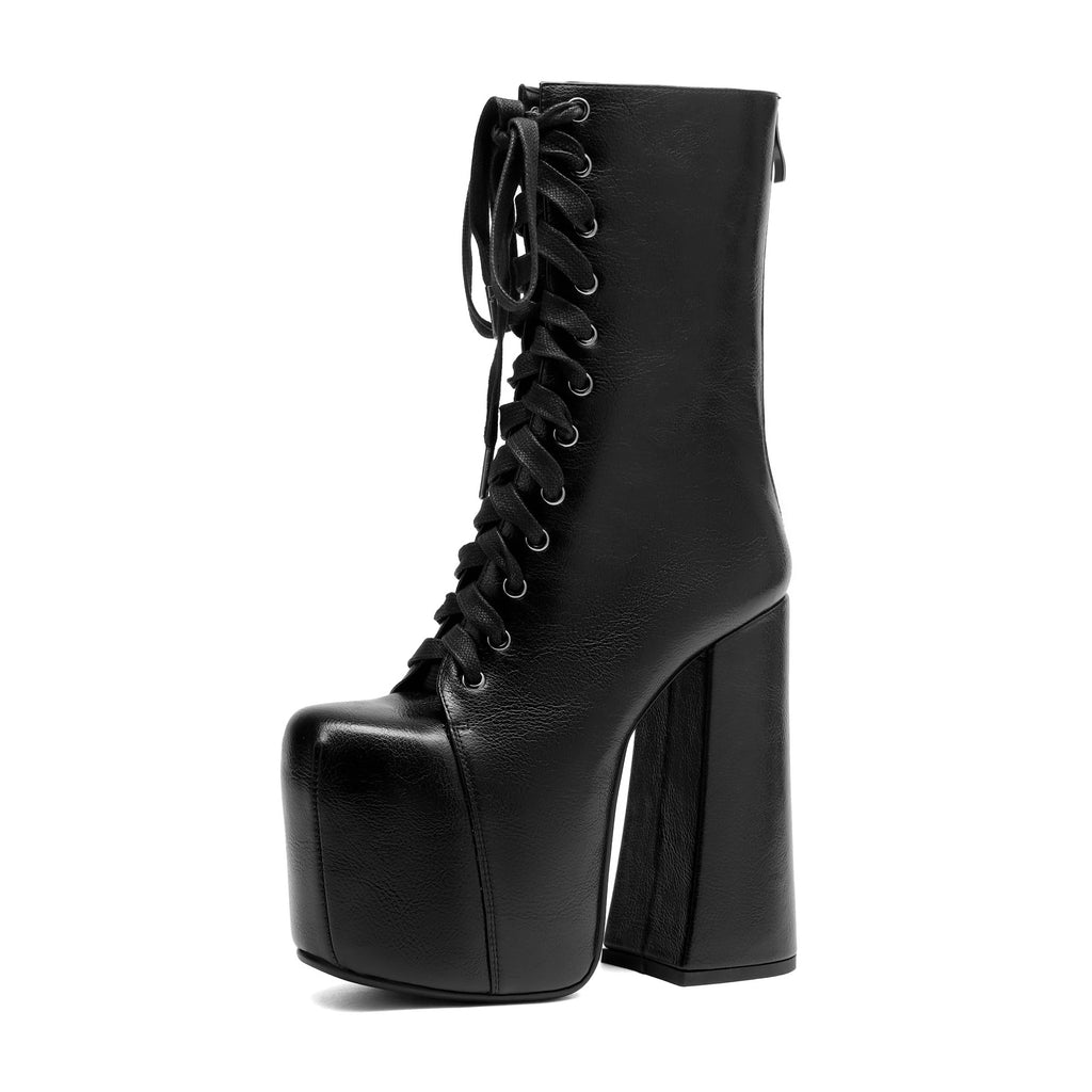 Tsrenlmln Women's waterproof platform with flat bottom, small and medium-sized leg boots, square toe tie, 4-inch thick heel