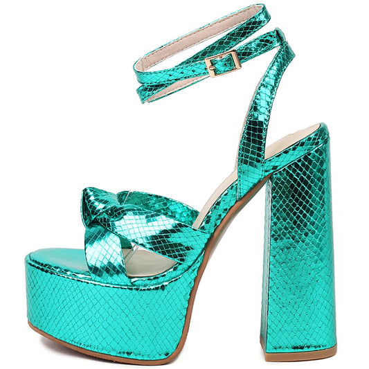 YIYA Women's Metallic Platform Chunky Heeled Sandals Open Round Toe Strappy Heels Ankle Strap Wedding Party Dress Shoes
