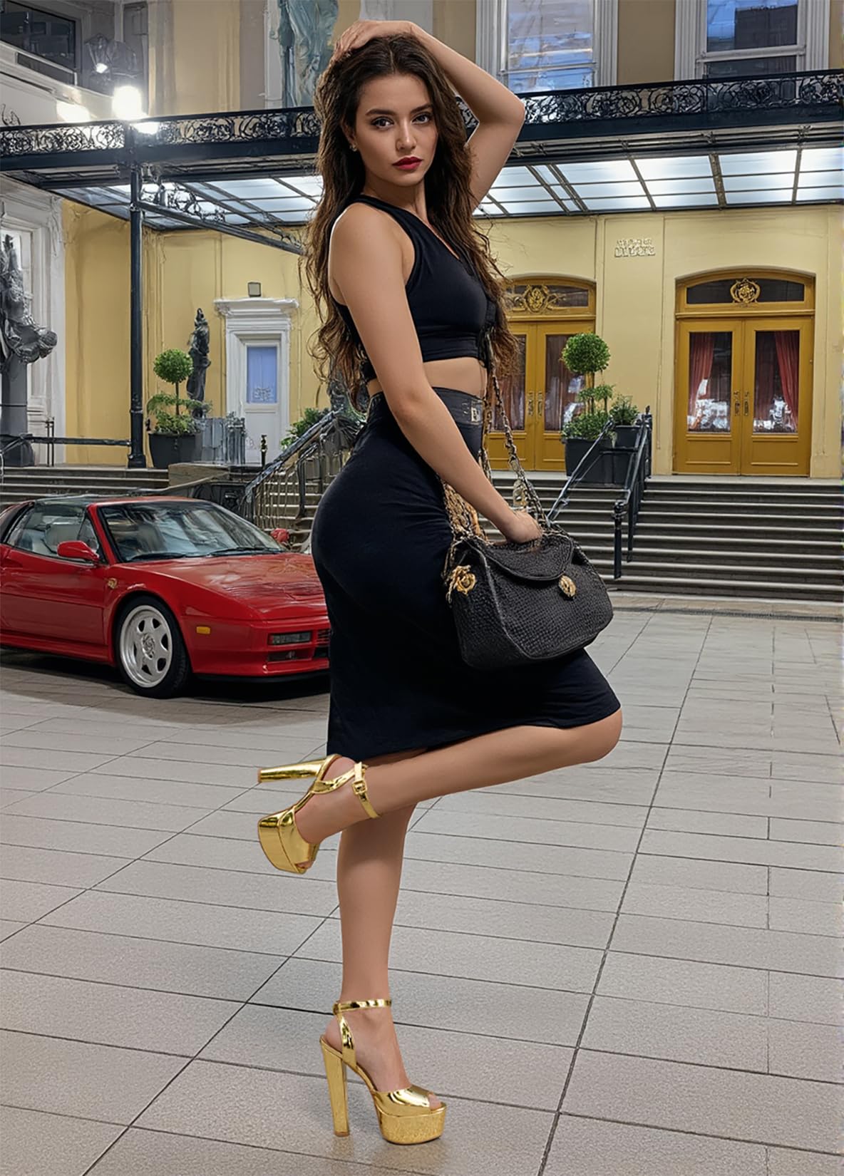 NobleOnly Womens Chunky Block High Platform Heel Peep Open Toe Ankle Strap Slingback Wedding Sandals 5.9 Inches Heels Gold Patent 8 M US
