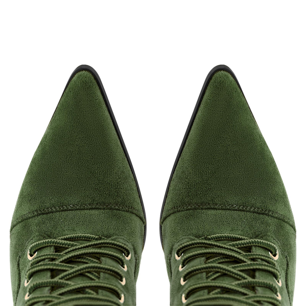 Richealnana Women's Double Lace Pointed Toe Stilettos Straps Up Strappy Knee High Boots Sexy Slim Heel Fashion Cool Biker Cosplay Mid Calf Booties Green US 5