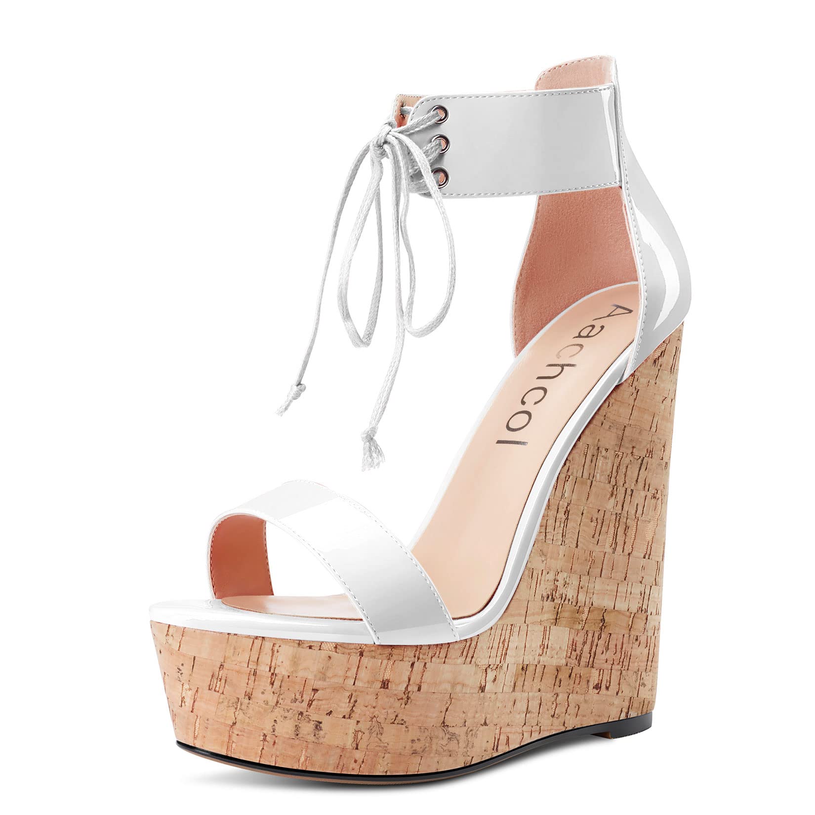Aachcol Women Platform Wedge Sandals Round Peep Open Toe Lace-up Ankle Strap Slingback Two-Piece Chunky Block High Heel Dress Shoes Pumps Party Patent White 6 Inch