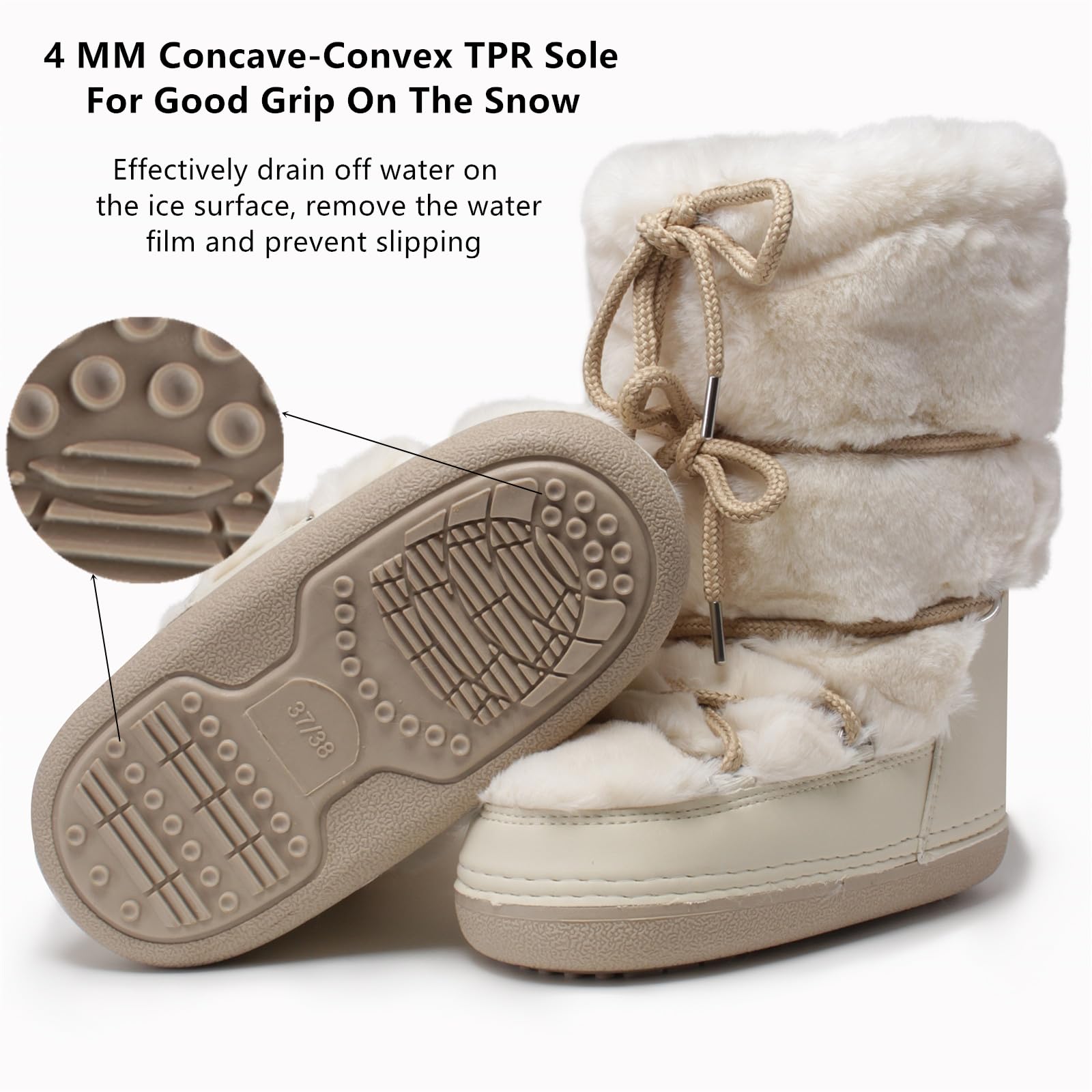 ZHENAIYISHENG Faux Fur Boots for Women - Fuzzy Fluffy Furry Water Resistant Snow Boots for Women - Anti-Slip with Cotton Sponge Lined and TPR Rubber Sole Black White Fur Boots beige