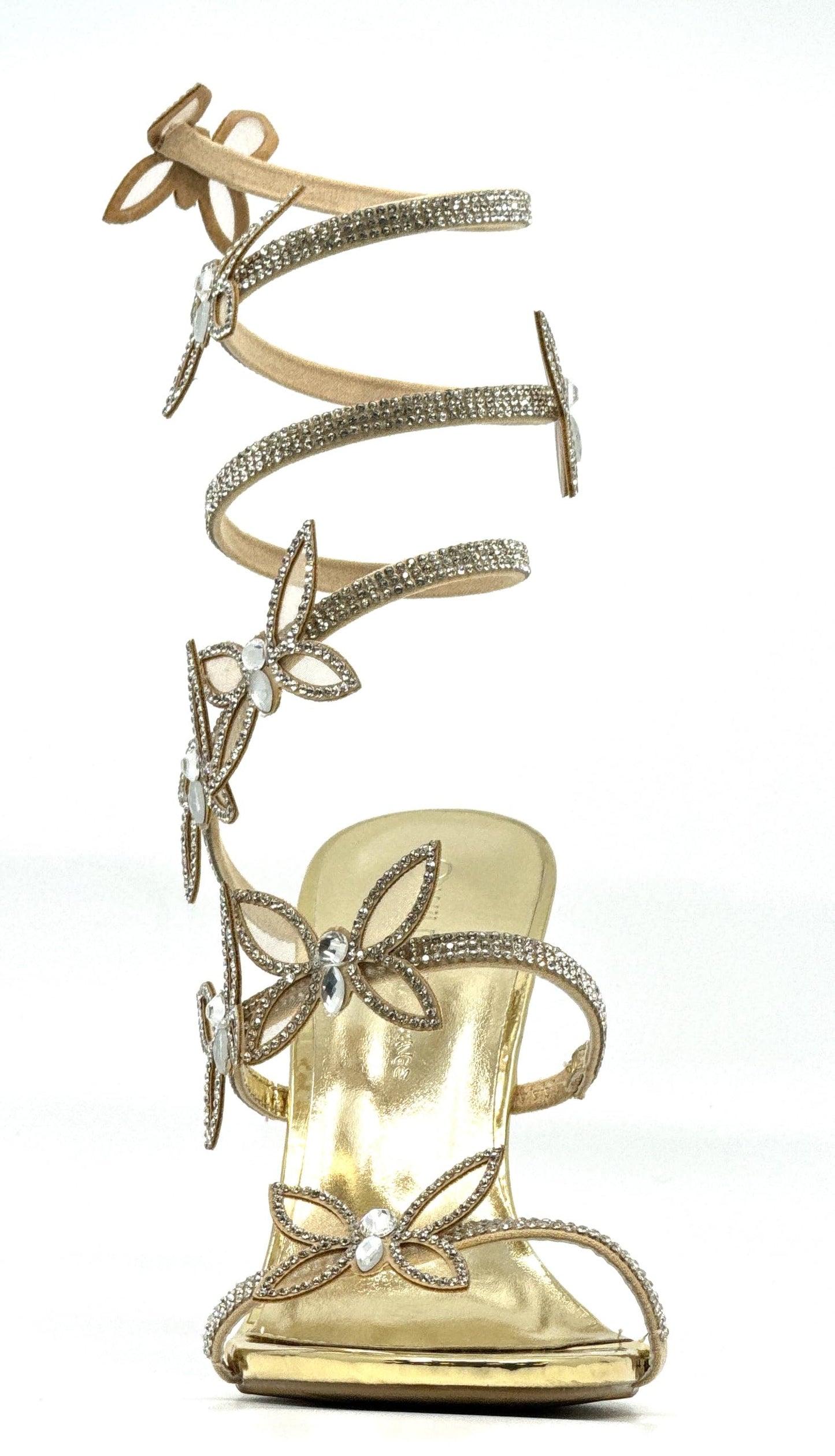 Wild Diva Women Rhinestone Butterfly Spiral Wrap Around High Heel Sandals Berlin-527 Gold Pu 9