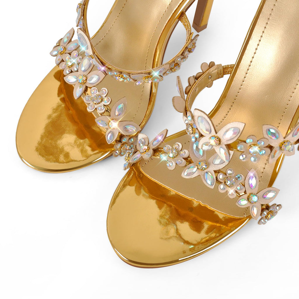 Rhineshell Women's Diamante High Heels Sparkly Spiral Wrap Up Strappy Heeled Sandals Round Open Toe Faux Leather Stilettos Rhinestones Studded Party Dress Shoes Gold Size