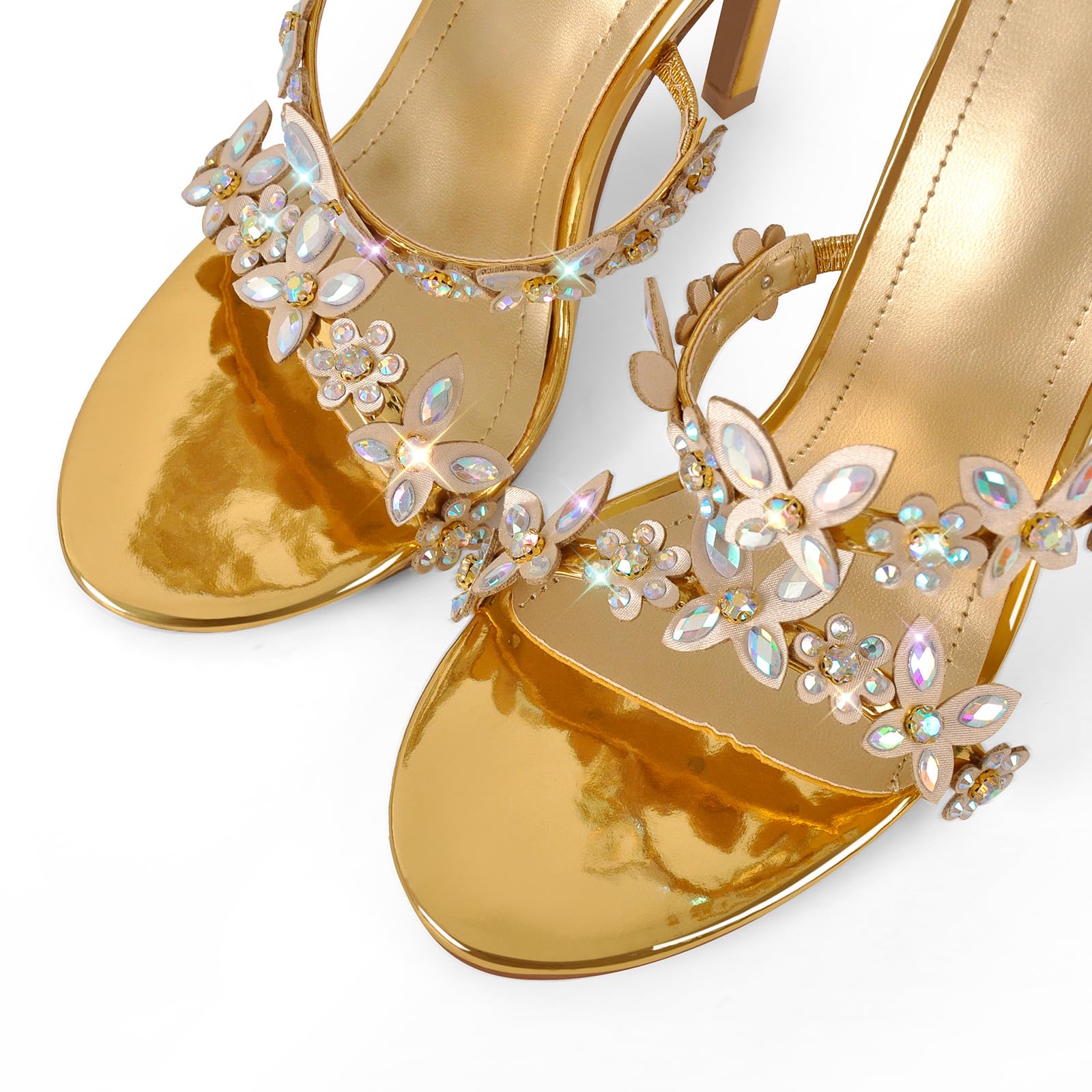 Rhineshell Women's Diamante High Heels Sparkly Spiral Wrap Up Strappy Heeled Sandals Round Open Toe Faux Leather Stilettos Rhinestones Studded Party Dress Shoes Gold Size