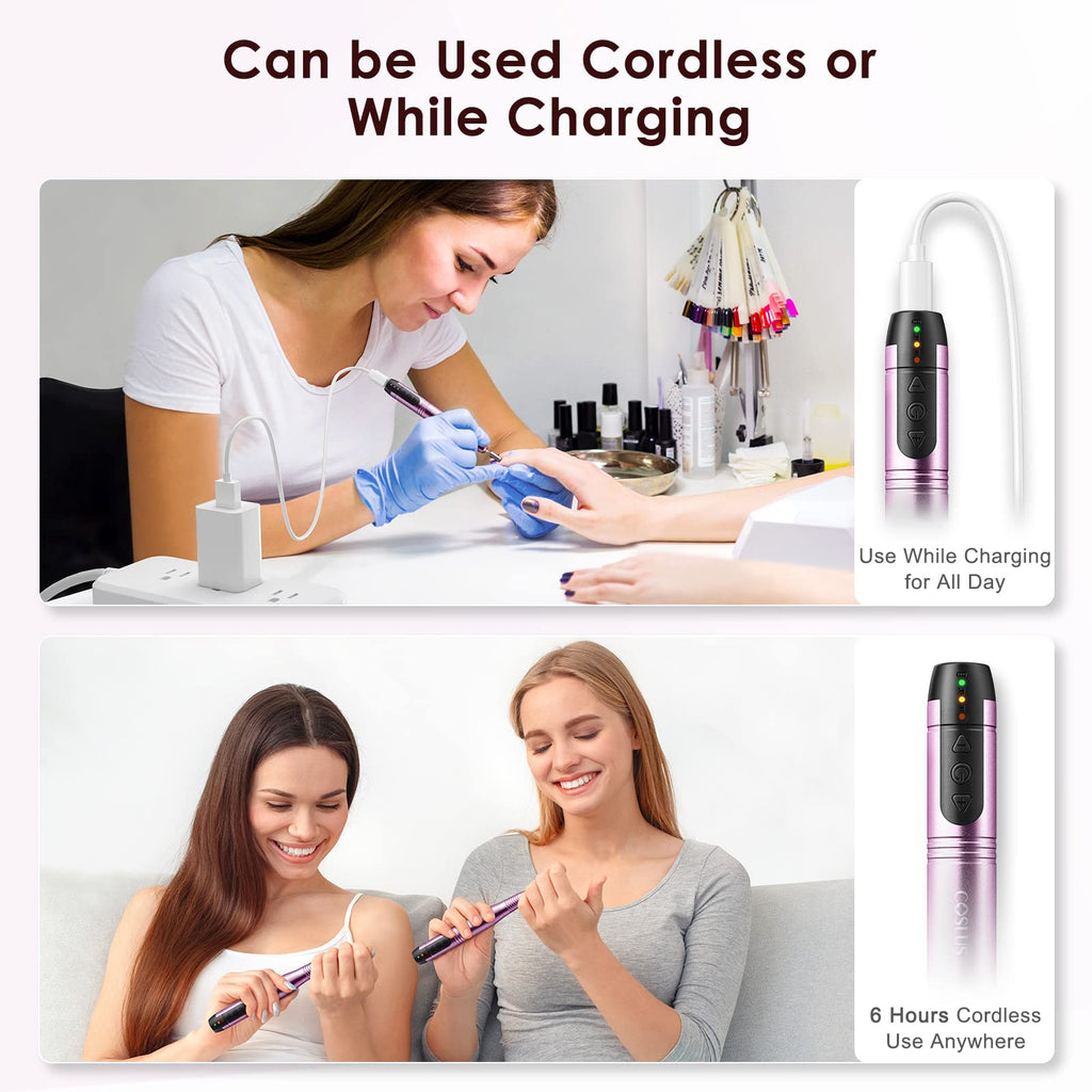 COSLUS Cordless Nail Drill Electric File: Professional for Acrylic Gel Dip Powder Nails Portable Nail Drill Machine Kit for Manicure Pedicure Nail Set with Everything Rechargeable Lightweight