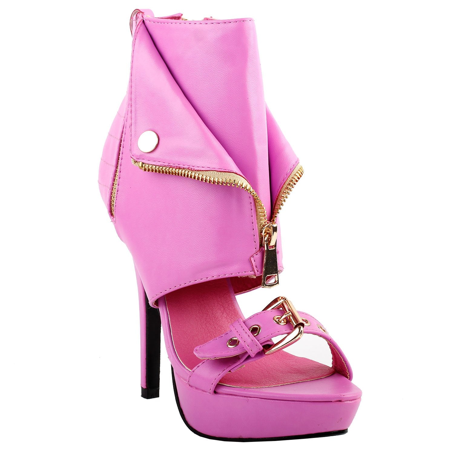 SHOW STORY Moto Pink Open Toe Gold Zip Strappy Stiletto High Heel Dress Sandals Gladiator High Heel Stiletto Platform Ankle Bootie Sandals,LF30103HP41,10US,Pink