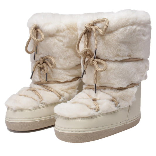 ZHENAIYISHENG Faux Fur Boots for Women - Fuzzy Fluffy Furry Water Resistant Snow Boots for Women - Anti-Slip with Cotton Sponge Lined and TPR Rubber Sole Black White Fur Boots beige