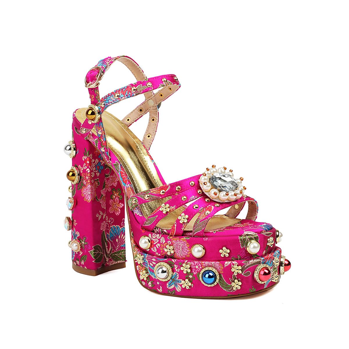 Pink Feinlina Women Rhinestone High Chunky Platform Heel