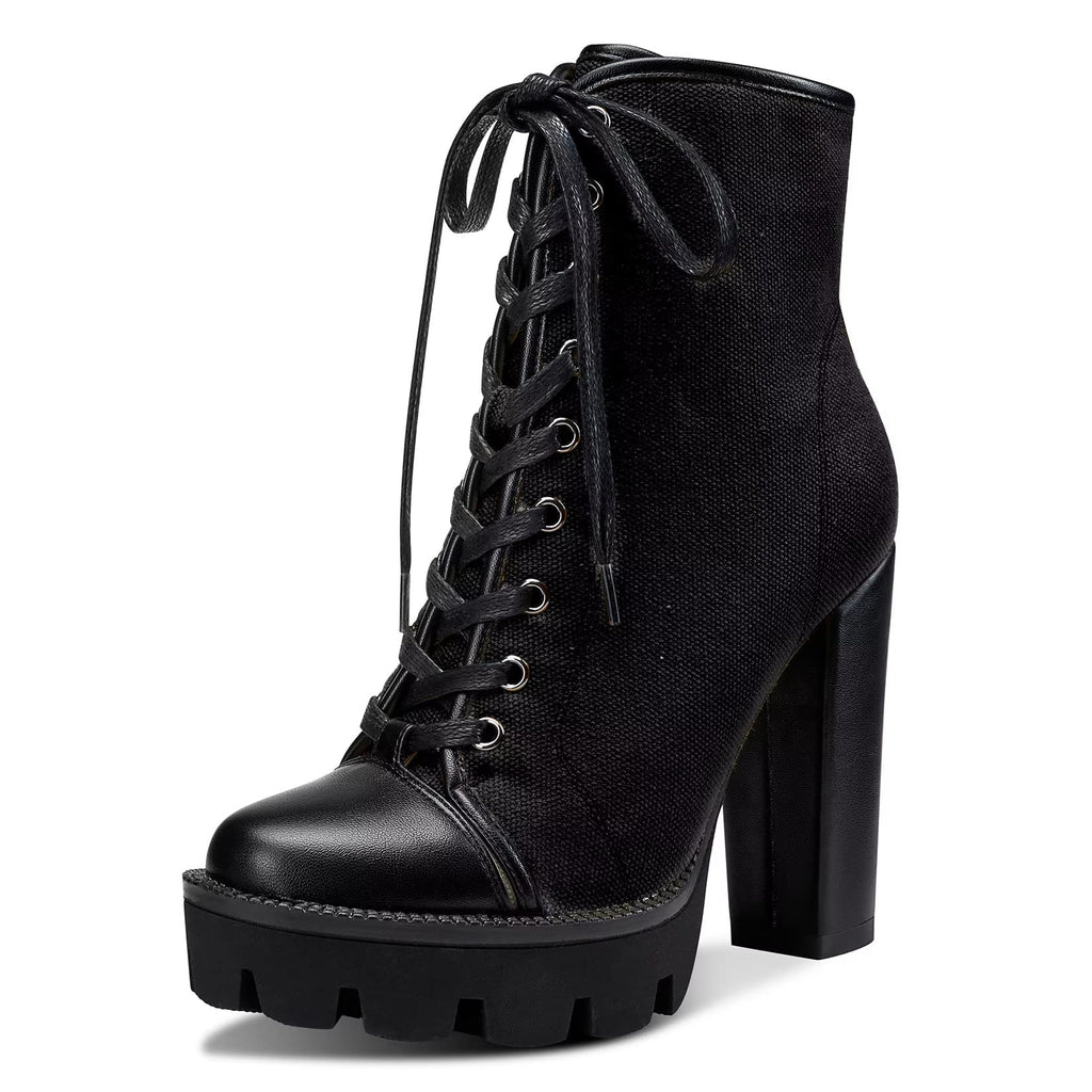 NobleOnly Women High Heel Platform Round Toe Ankle Boots Short Bootie Zipper Lace-up Riding Boots Classic Party Office 5.1 Inches Heels Black