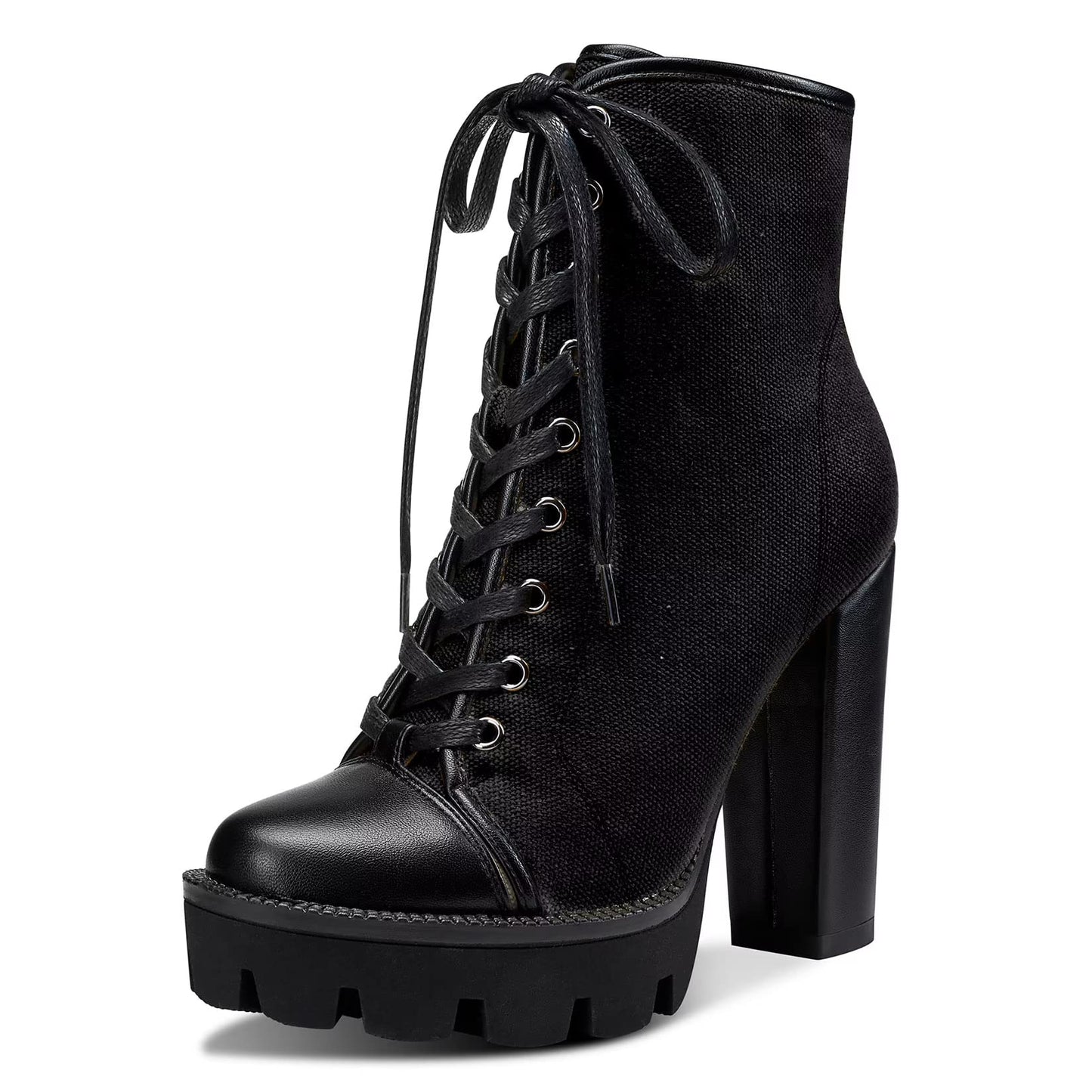 NobleOnly Women High Heel Platform Round Toe Ankle Boots Short Bootie Zipper Lace-up Riding Boots Classic Party Office 5.1 Inches Heels Black