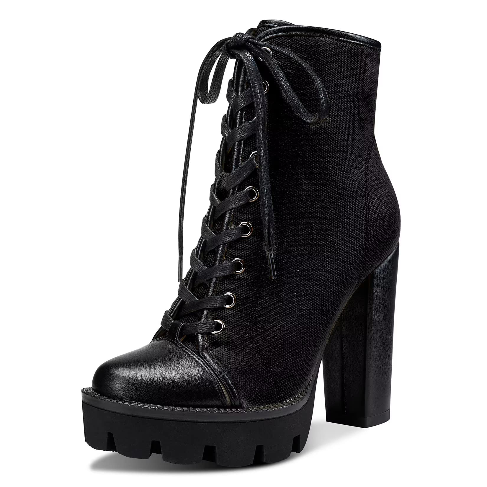 NobleOnly Women High Heel Platform Round Toe Ankle Boots Short Bootie Zipper Lace-up Riding Boots Classic Party Office 5.1 Inches Heels Black