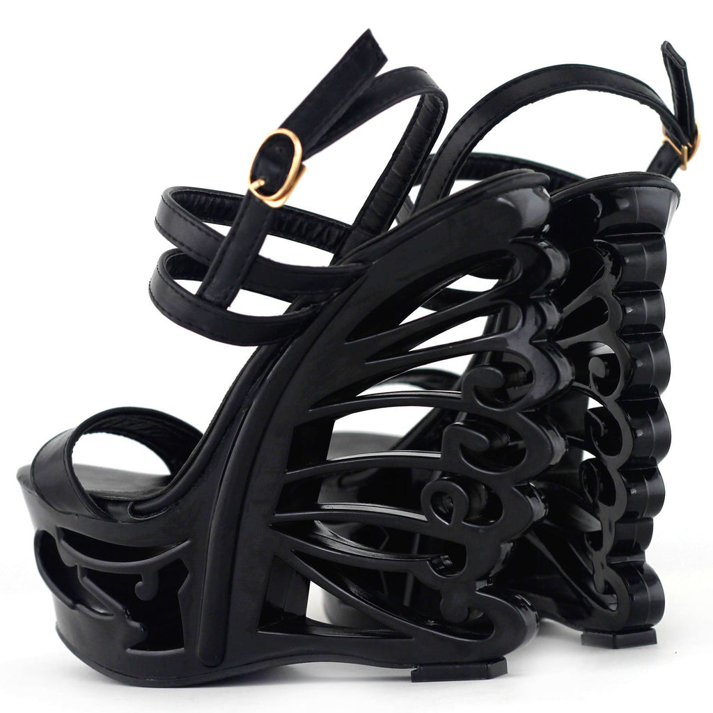 SHOW STORY Black Strappy Bride Wedding Wedge Butterfly Heel Sandals Shoes,LF51801BK35,3US,Black