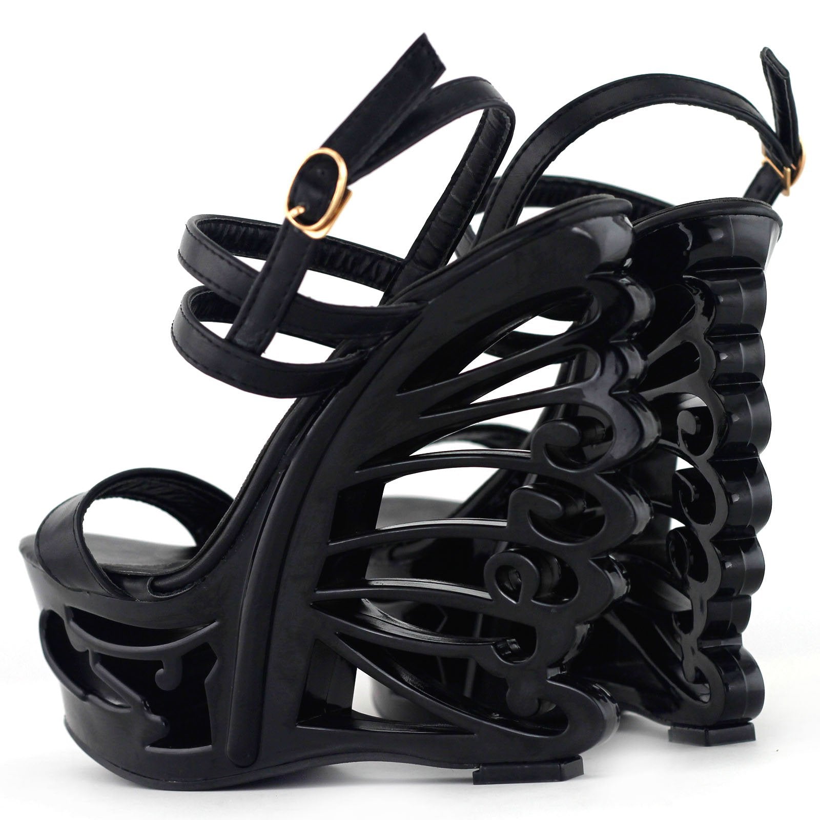 SHOW STORY Black Strappy Bride Wedding Wedge Butterfly Heel Sandals Shoes,LF51801BK35,3US,Black