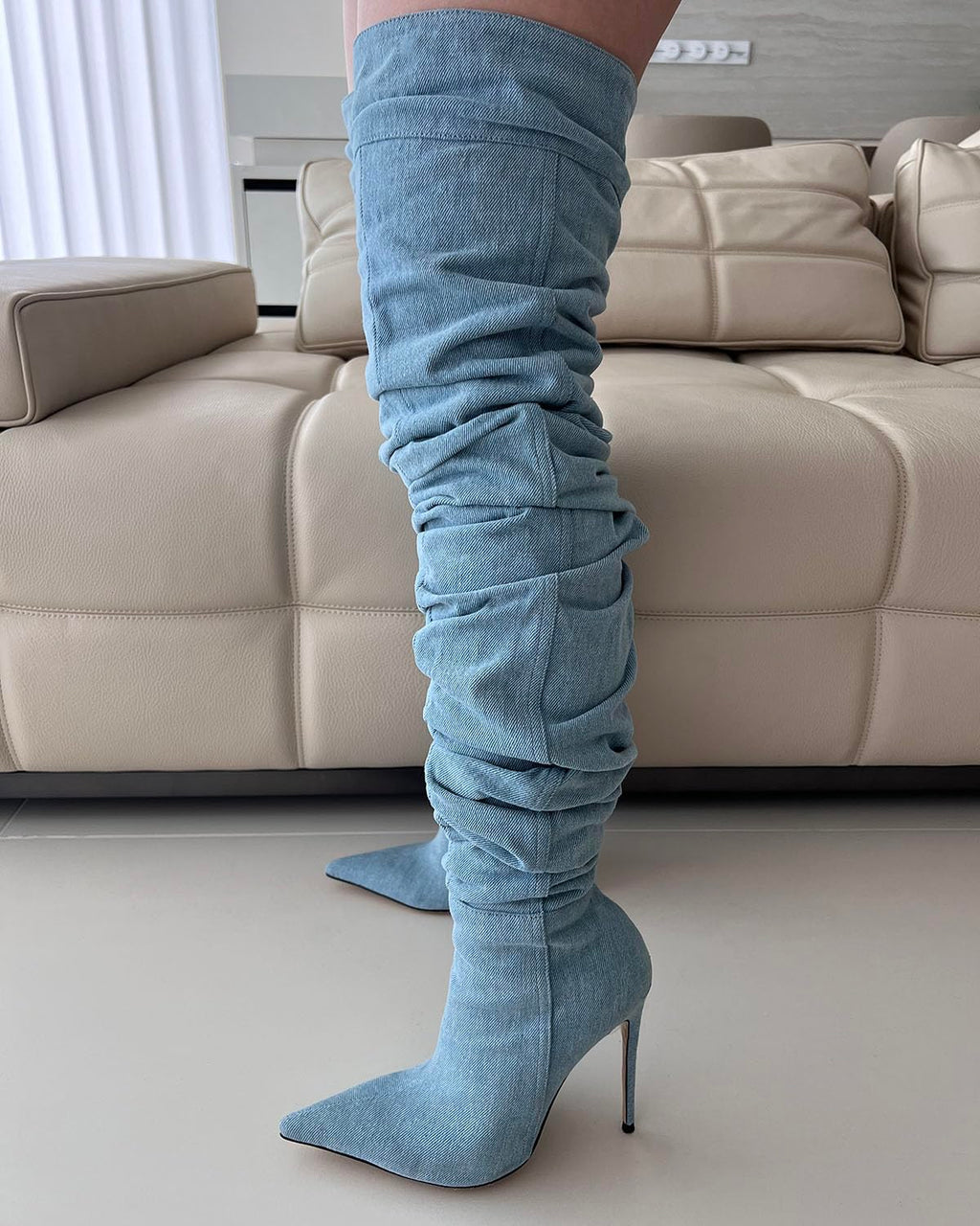 Tracieshoes Women’s Over-the-Knee Slouchy Denim Boots with 4.3" Stiletto Heel–Sexy Pointed Toe Thigh High Fashion Booties for Date and Evening Wear Blue Size 8