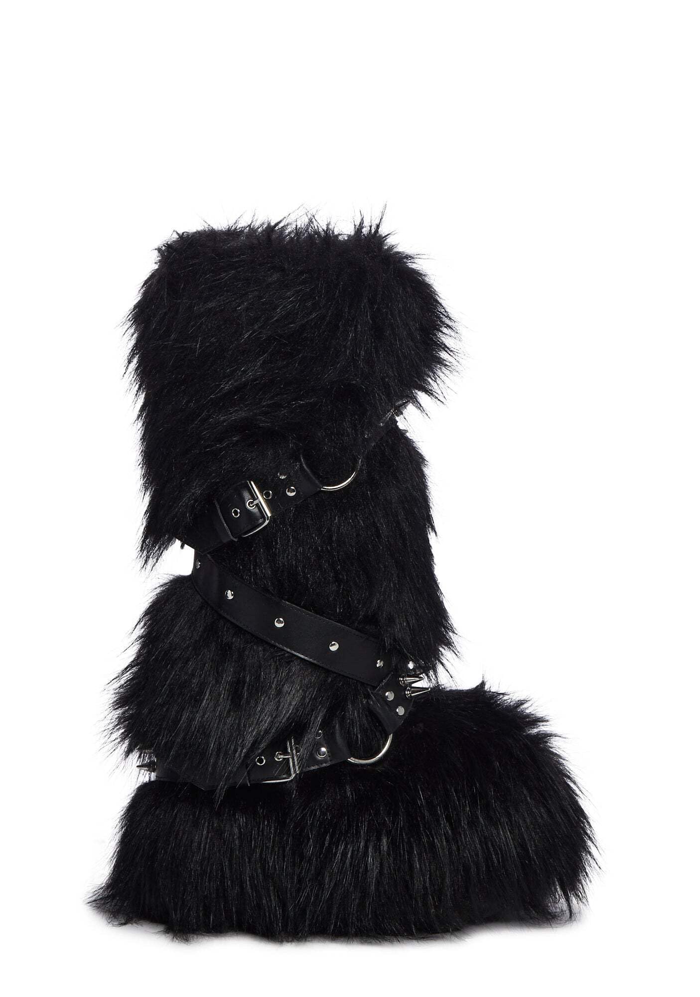 Dolls Kill Wild Instincts Faux Fur Boots by Club Exx – Women’s Knee High Platform Boots with Buckle Straps, Black, 11