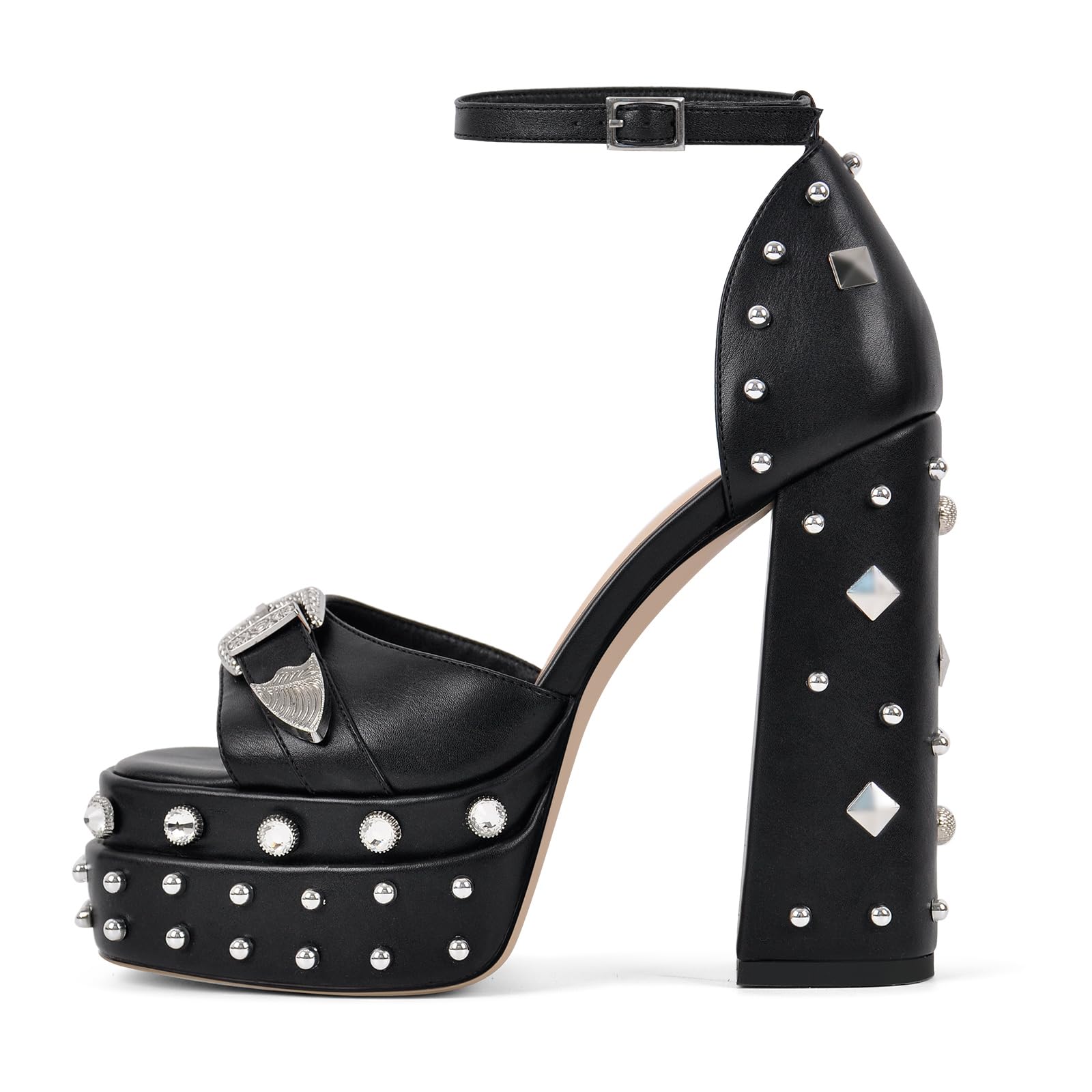 sexytag Women’s Platform High Heels Rivet Studded Western Buckle Ankle Strap Rhinestone Chunky Block Heel Open Toe Strappy Heels Sandals Gothic Punk Style Black Size 8
